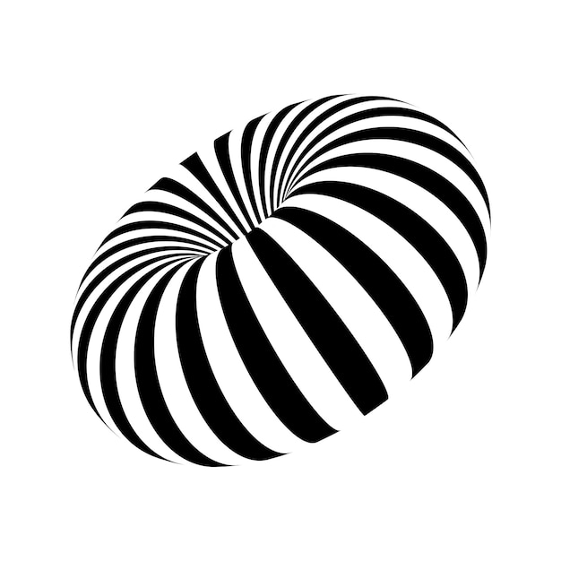 3d striped torus shape in perspective donut figure in three dimensional space with black and white