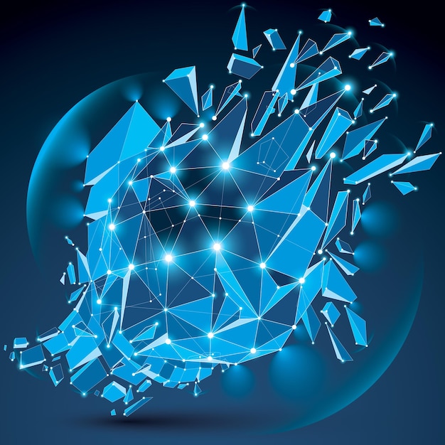 3d vector clear blue digital wireframe object broken into different particles, geometric polygonal structure with lines mesh and light effect. Low poly shattered glow shape, sparkle lattice form.