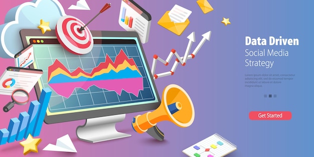 3D Vector Conceptual Illustration of Data Driven Social Media Strategy