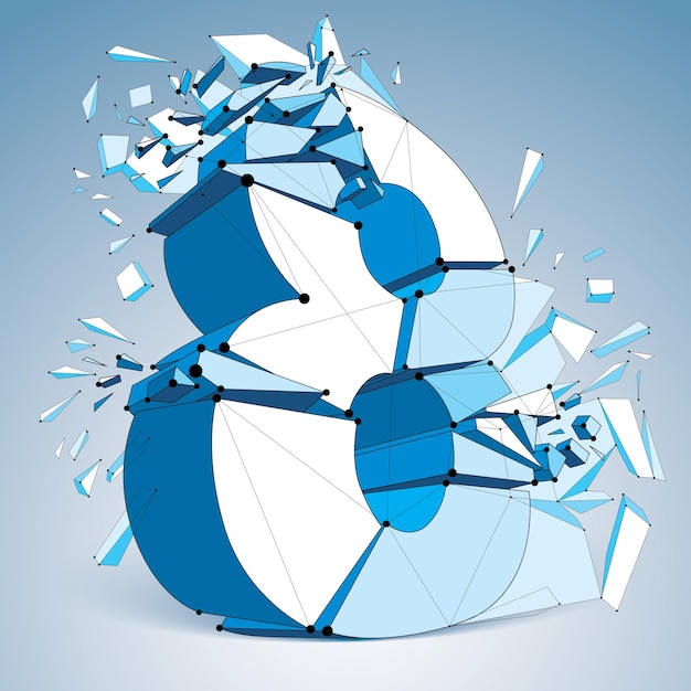 3d vector digital wireframe number 8 broken into different particles, geometric polygonal blue numeration with lines mesh. Low poly shattered typescript, lattice element.