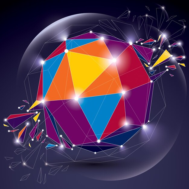 3d vector digital wireframe object broken into different particles, geometric polygonal structure with lines mesh and light effect. Low poly shattered glow shape, sparkle lattice form.