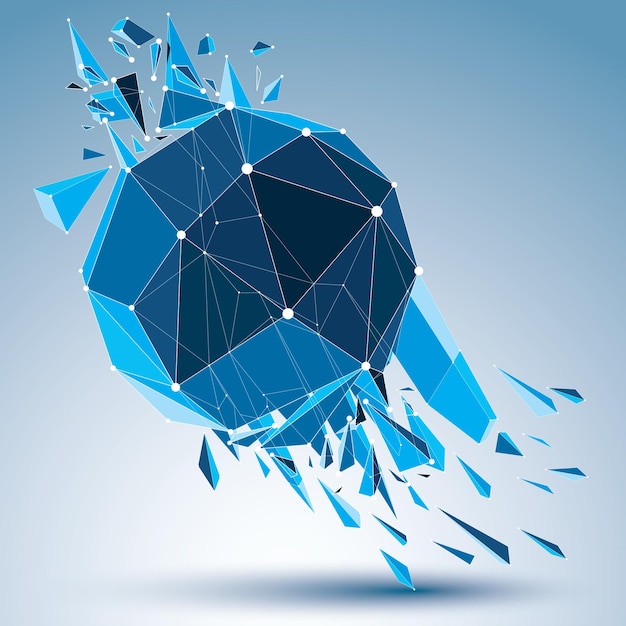 3d vector digital wireframe spherical object broken into different particles and fragments, geometric polygonal structure with white lines mesh. Low poly clear blue shattered shape, lattice form.