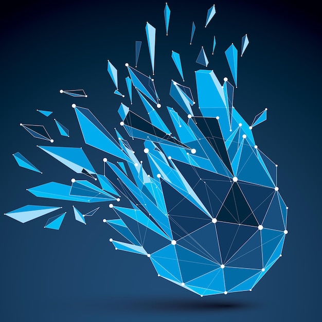 3d vector digital wireframe spherical object broken into different particles and fragments, geometric polygonal structure with white lines mesh. Low poly clear blue shattered shape, lattice form.