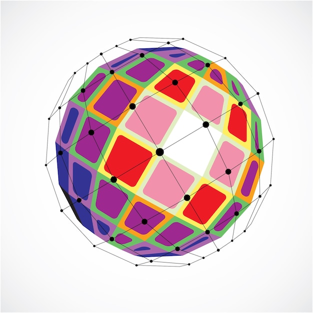 3d vector digital wireframe spherical object made using facets. Geometric polygonal colorful structure created with lines mesh and squares. Low poly shape, lattice form for use in web design.