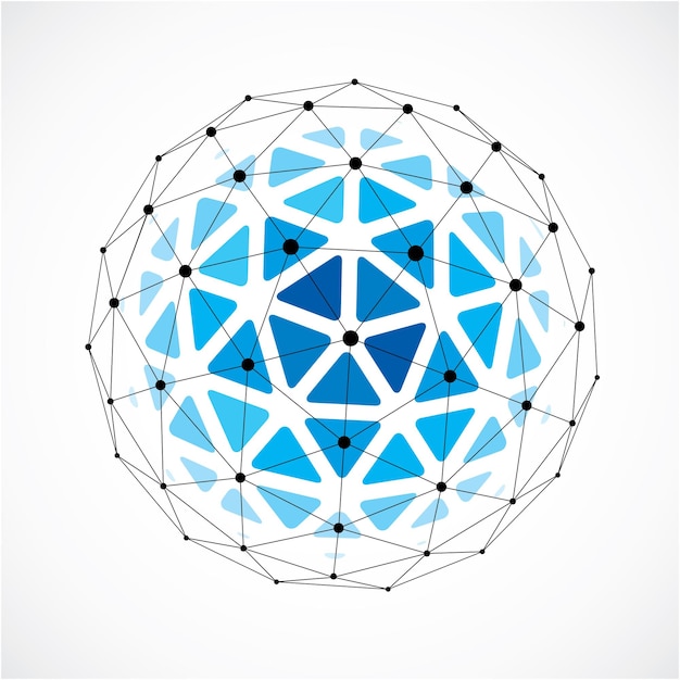 3d vector digital wireframe spherical object made using triangular facets. Geometric polygonal structure created with lines mesh. Low poly shape, blue lattice form for use in web design.