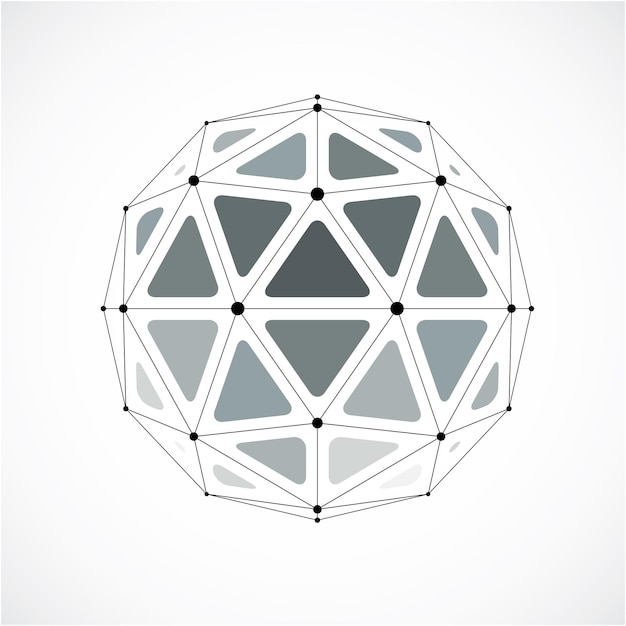 3d vector digital wireframe spherical object made using triangular facets. Geometric polygonal structure created with lines mesh. Low poly shape, gray lattice form for use in web design.