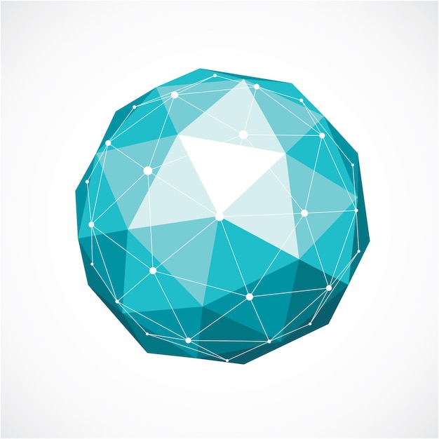 3d vector digital wireframe spherical object made using triangular facets. Geometric polygonal structure created with lines mesh. Low poly shape, green lattice form for use in web design.3d vector dig