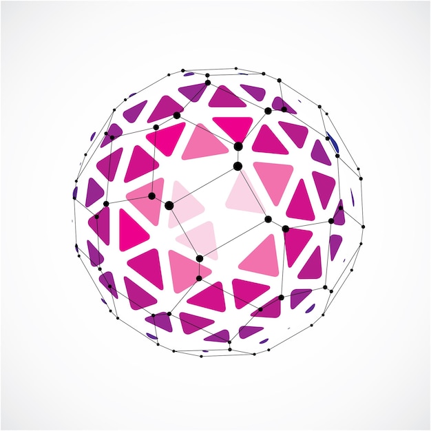 3d vector digital wireframe spherical object made using triangular facets. Geometric polygonal structure created with lines mesh. Low poly shape, purple lattice form for use in web design.