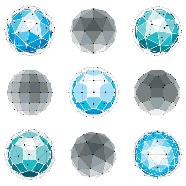 3d vector digital wireframe spherical objects made using different geometric facets. Polygonal orbs created with lines mesh. Low poly shapes collection, lattice forms for use in web design.