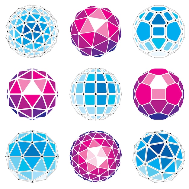 3d vector digital wireframe spherical objects made using different geometric facets. Polygonal orbs created with lines mesh. Low poly shapes collection, lattice forms for use in web design.