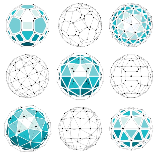 3d vector digital wireframe spherical objects made using different geometric facets. Polygonal orbs created with lines mesh. Low poly shapes collection, lattice forms for use in web design.