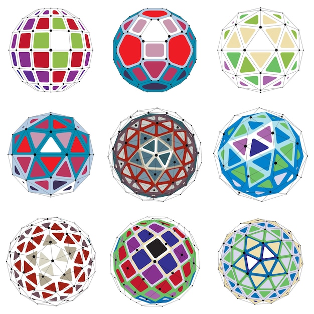 3d vector digital wireframe spherical objects made using different geometric facets. Polygonal orbs created with lines mesh. Low poly shapes collection, lattice forms for use in web design.