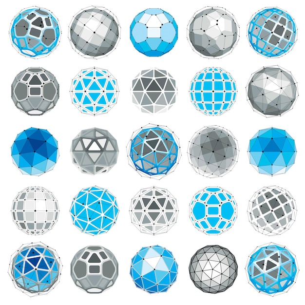3d vector digital wireframe spherical objects made using different geometric facets. Polygonal orbs created with lines mesh. Low poly shapes collection, lattice forms for use in web design.