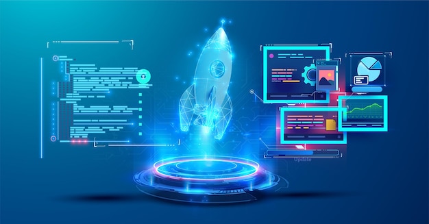 3D vector illustration of a rocket launch surrounded by digital interfaces data graphs and coding elements symbolizing startup growth technology and innovation