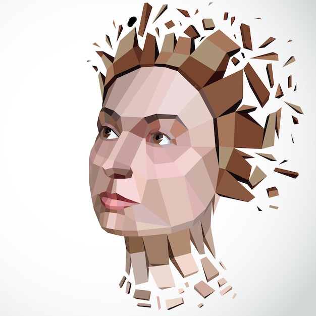 3d vector illustration of human head created in low poly style. face of pensive female, smart personality. intelligence allegory, artistic deformed object broken into splinters and fragments.