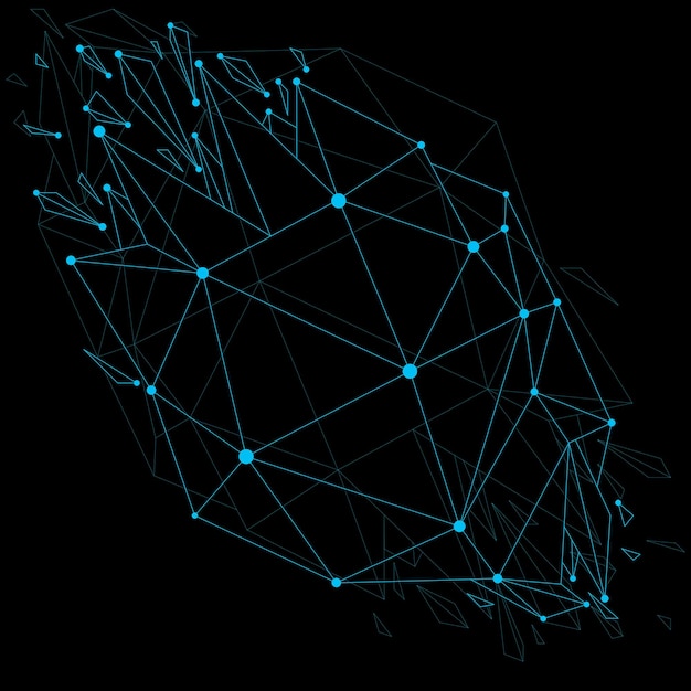 3d vector low poly object with blue connected lines and dots, geometric wireframe shape with refractions. Asymmetric perspective shattered form. Luminescent effect, communication technology.