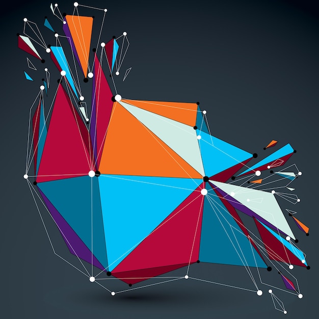 3d vector low poly object with connected lines and dots, colorful digital technology wireframe shape with different particles. Asymmetric bright perspective shattered form.