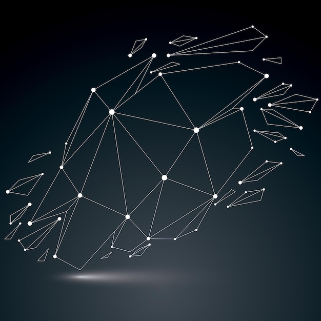 3d vector low poly object with white connected lines and dots, geometric wireframe shape with refractions. Asymmetric perspective shattered form. Luminescent effect, communication technology.