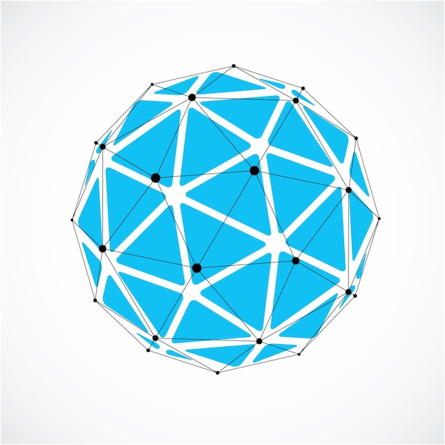 3d vector low poly spherical object with black connected lines and dots, geometric blue wireframe shape. Perspective orb created with triangular facets.