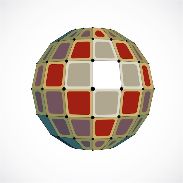 3d vector low poly spherical object with black connected lines and dots, geometric colorful wireframe shape. Perspective facet orb created with squares.