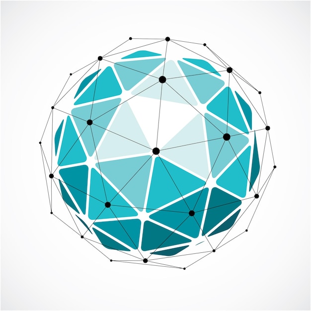 3d vector low poly spherical object with black connected lines and dots, geometric green wireframe shape. Perspective orb created with triangular facets.