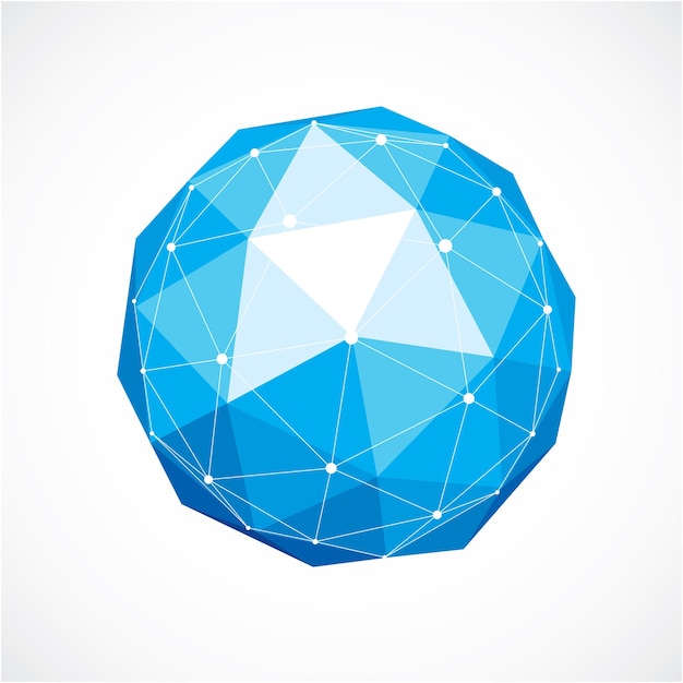 3d vector low poly spherical object with white connected lines and dots, geometric blue wireframe shape. Perspective orb created with triangular facets.