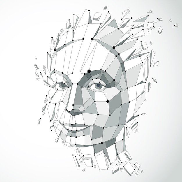 3d vector portrait created with lines mesh. Intelligence allegory, Grayscale low poly face with splinters which fall apart, head exploding with ideas, thoughts and imagination.