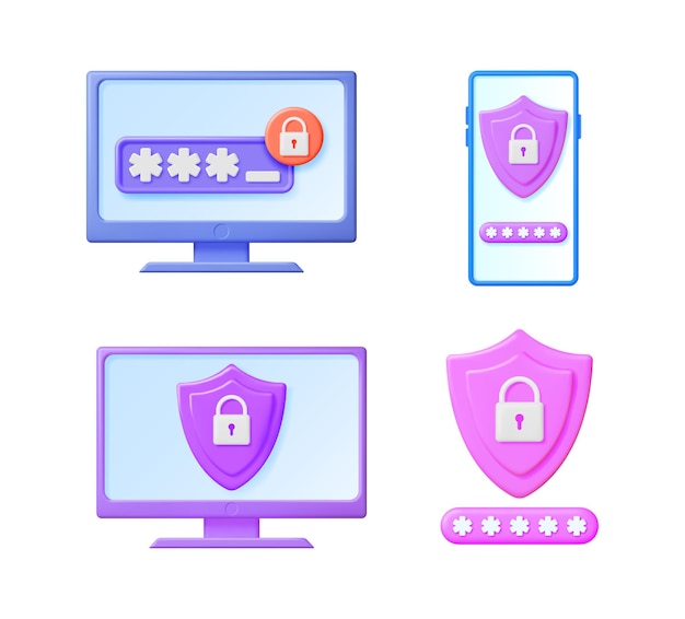 3d vector render set showing secure digital access password input and data protection on computer