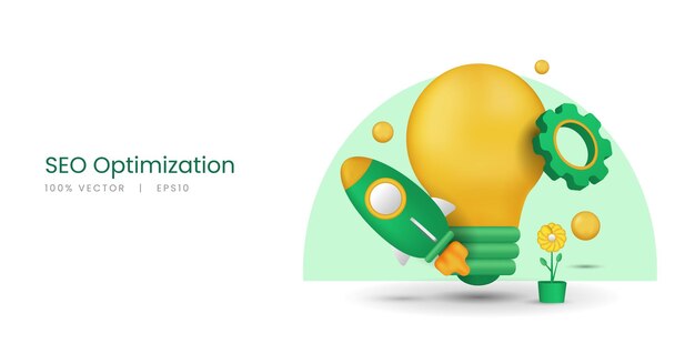 3d vector rocket and bulb with illustration concept of seo optimization and web analytics.