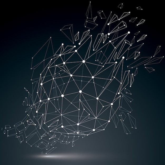 3d vector wireframe object broken into different particles, geometric polygonal structure with white lines mesh. Low poly cybernetic shattered shape with luminescent effect. Digital technology art.