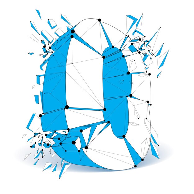 3d vektori low poly nolla numero mustilla yhdistetyillä viivoilla ja pisteillä, geometrinen lankaverkko fontti fragmenteilla. Perspektiivi säröillä numero langalla.