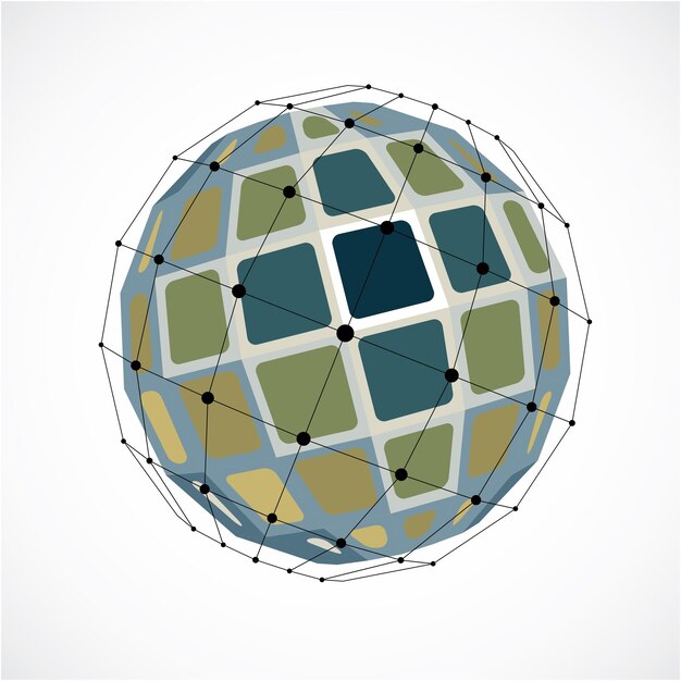 3D-vektorinen digitaalinen säleikkömäinen pallomainen objekti, joka on tehty käyttämällä puolia. Geometrinen monikulmainen vihreä rakenne, joka on luotu viivoilla, verkolla ja neliöillä. Matala poly-muoto, ristikkomuoto käytettäväksi web-suunnittelussa.