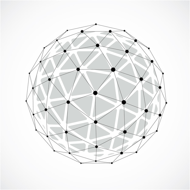 3D-vektorinen matala poly -pallomainen objekti mustilla yhdistetyillä viivoilla ja pisteillä, geometrinen yksivärinen lankaverkkokehys. Perspektiivipallo, joka on luotu kolmiomaisista tahkoista.