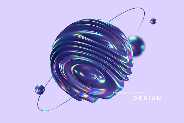 3d wavy fluorescent sphere arounded ring and balls. Abstract shapes with thin film effect.