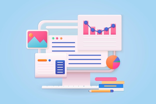 3D Web Illustrations. Computer with open pages. Landing page template for web.