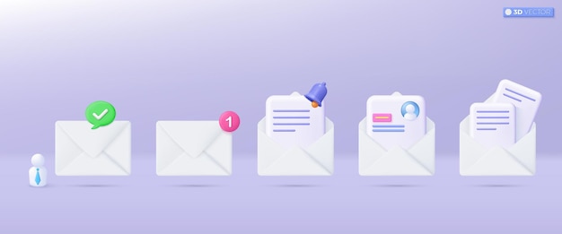 3d White mail envelope icon set symbol Render email notification with letters CV Resume icons Recruit employee communication concept 3D vector isolated illustration Cartoon pastel Minimal style
