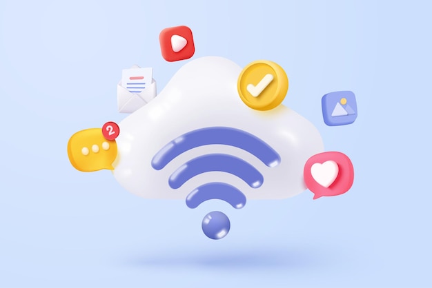 3d wireless connection and sharing network on internet Hotspot access point for digital and online coverage Broadcasting area with WiFi 3d wireless signal icon rendering vector illustration
