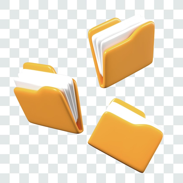3d yellow folder with documents in different positions