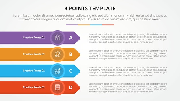 4 points stage list template infographic concept for slide presentation with long rectangle with arrow edge stack vertical with flat style