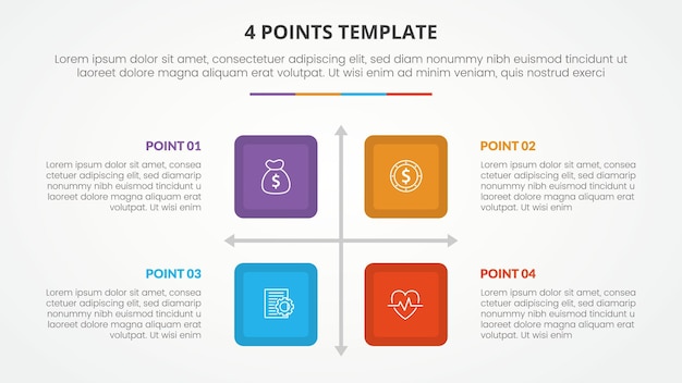 4 points stage template infographic concept for slide presentation with square box matrix structure with arrow shape with 4 point list with flat style vector