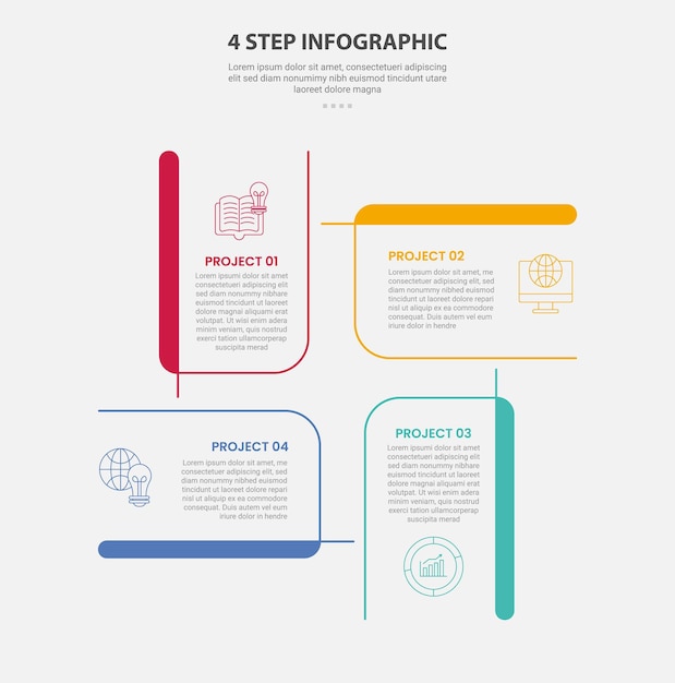 4 points template infographic outline style with 4 point step template with creative rectangle box circular cycle base center for slide presentation