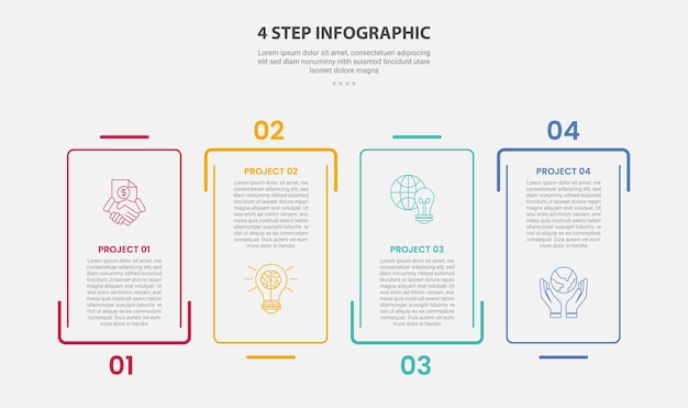 4 points template infographic outline style with 4 point step template with creative rectangle box with separated line up and down for slide presentation