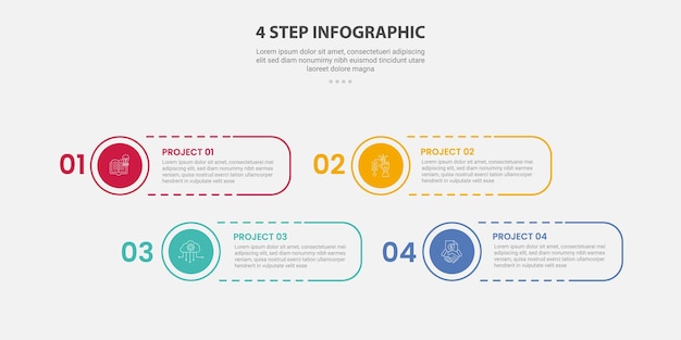 4 points template infographic outline style with 4 point step template with round rectangle shape dotted line with circle edge for slide presentation