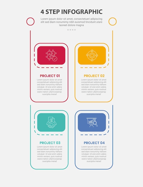 4 points template infographic outline style with 4 point step template with vertical box structure with header badge for slide presentation