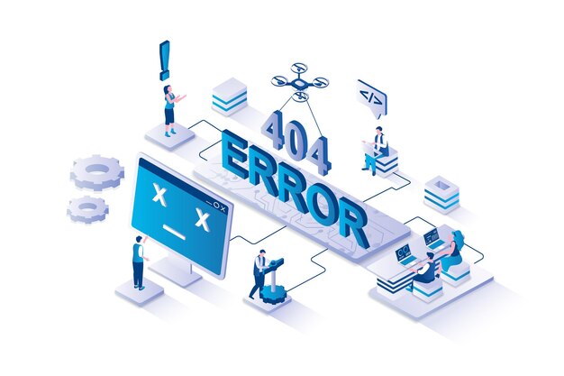 404 error 3d isometric concept with isometry people design for web People getting warning sign with connection problems internet page failure and disconnect at computer screen Vector illustration