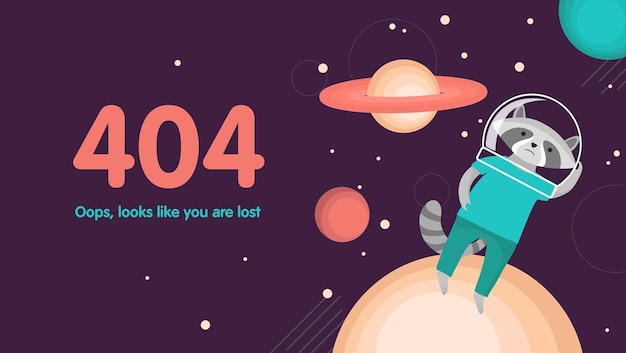 404 virhesivu ei löydy -konsepti. Avaruusmaisema tausta kadonneen pesukarhun ja planeettojen kanssa