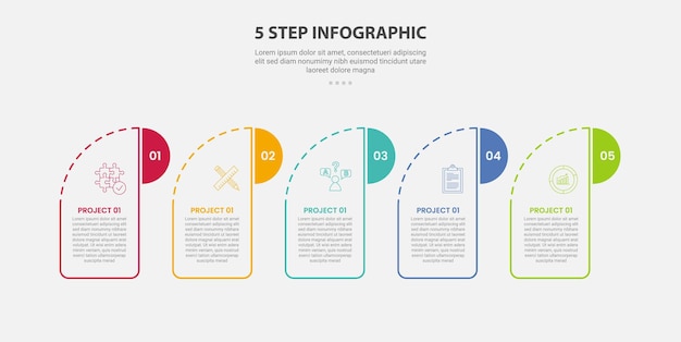 5 points template infographic outline style with 5 point step template with creative box with round header and half circle badge for slide presentation