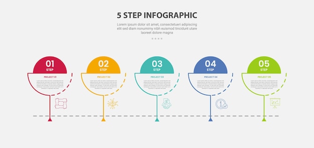 5 points template infographic outline style with 5 point step template with creative circle slice with timeline style for slide presentation