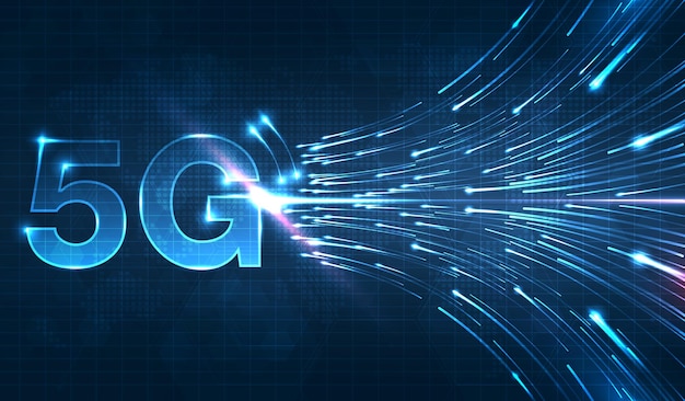 5G-teknologia, langaton tiedonsiirto, nopea internet abstraktissa informaatiovirrassa, moderni