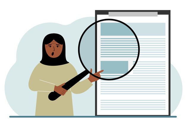 A arab woman holds a magnifying glass and examines a document contract or agreement The concept of a lawyer businessman or attorney at work